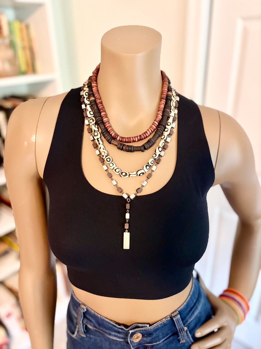 Boho Necklace Set 4 Wood Beaded Layering Silver Tone Pendant Surfer Hippie